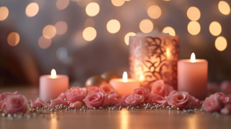 Romantic valentine day background with candles, heart and bokehの素材