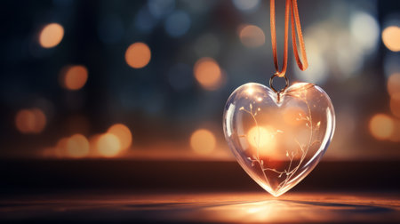 Empty clear glass heart hanging on a ribbonの素材