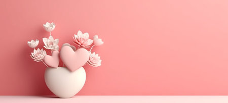 Women Day or Valentine day flowers composition with heart on pastel backgroundの素材