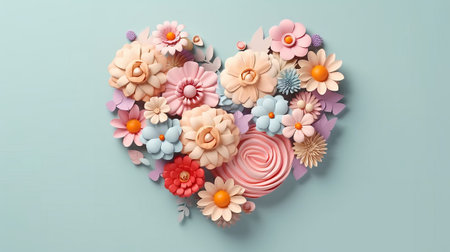 Women Day or Valentine day flowers composition with heart on pastel backgroundの素材