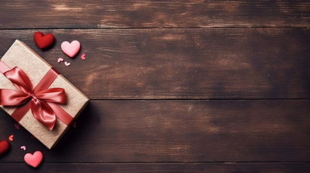 Valentine day flat lay concept with toy heart and gift box on wooden tableの素材