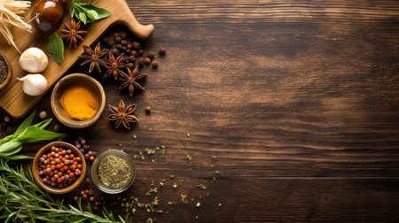 Flat lay wooden background with olive oil, herbs, spices and cutting board and cooking ingredientsの素材