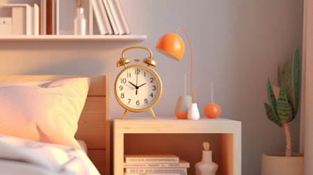 The alarm clock is on a table in a bright roomの素材