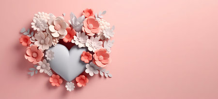 Women Day or Valentine day flowers composition with heart on pastel backgroundの素材