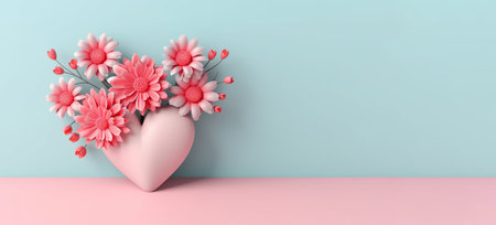Women Day or Valentine day flowers composition with heart on pastel backgroundの素材