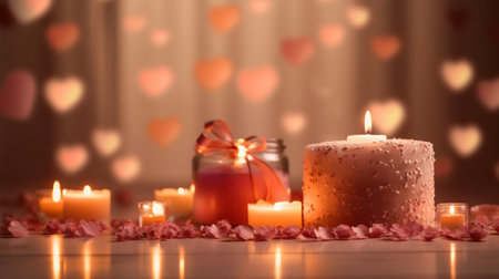 Romantic valentine day background with candles, heart and bokehの素材