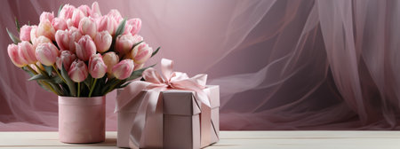 Pink tulips with present on a light backgroundの素材