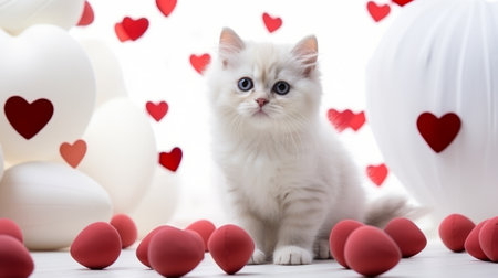 Cute baby cat playing with heart toysの素材