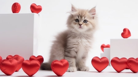 Cute baby cat playing with heart toysの素材