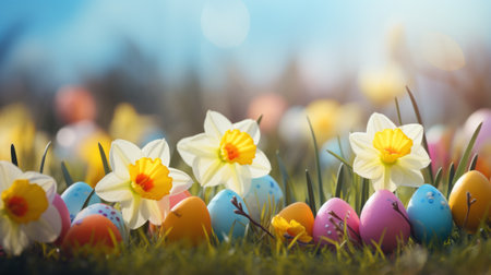 Colorful easter eggs on a meadow with daffodilsの素材