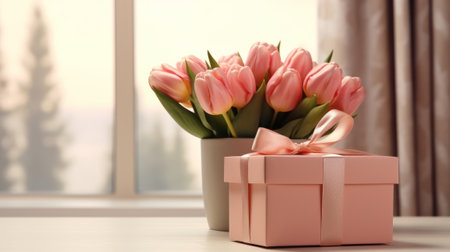 Pink tulips with present on a light backgroundの素材