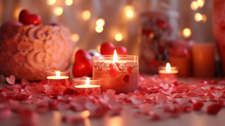 Romantic valentine day background with candles, heart and bokehの素材