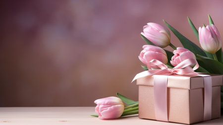 Pink tulips with present on a light backgroundの素材