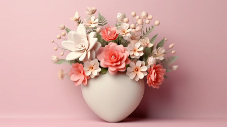 Women Day or Valentine day flowers composition with heart on pastel backgroundの素材