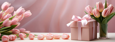 Pink tulips with present on a light backgroundの素材