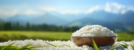Asian uncooked white rice in background of a fieldの素材