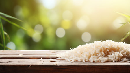 White rice on a wooden backgroundの素材