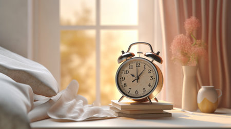 The alarm clock is on a table in a bright roomの素材