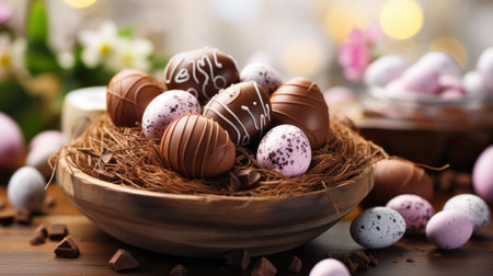 Chocolate easter eggs on bird nest on wooden tableの素材