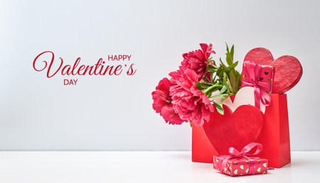 Beautiful paper bag with red peonies and red heart, gift box on a white table with copy space. Flowers composition for Valentine's, Mothers or Women's Dayの写真素材