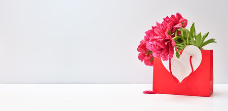 Beautiful paper bag with red peonies on a white table with copy space. Flowers composition for Valentine's, Mothers or Women's Dayの写真素材