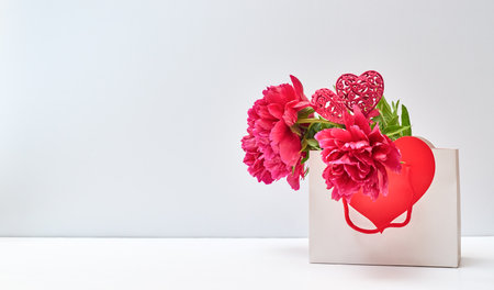 Beautiful paper bag with red peonies and red heart on a white table with copy space. Flowers composition for Valentine's, Mothers or Women's Dayの写真素材