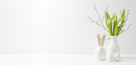 White spring tulips in a vase, easter eggs on a white table. Mock up for display worksの写真素材