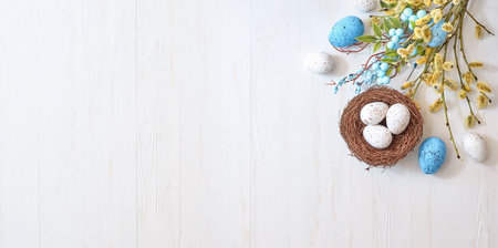 Willow branches and decorations, easter eggs on a light background. Happy easter flat lay concept