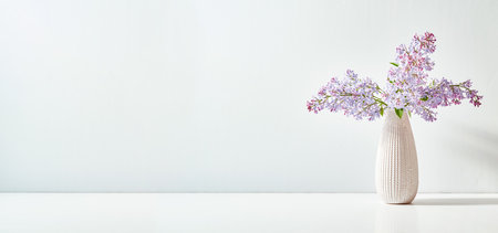 Lilac branches in a vase on a white table with copy spaceの写真素材