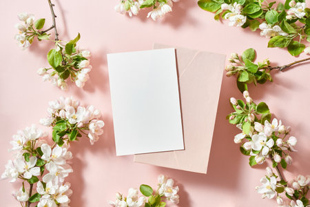 Mockup invitation or blank greeting card and envelope with spring flowers on a pink backgroundの写真素材
