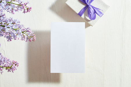 Mockup white greeting card with lilac branches on a white backgroundの写真素材