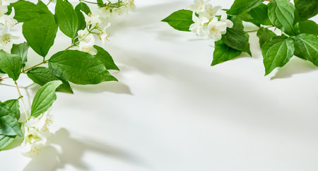Flat lay Jasmine flowers and leaves on a white background with sunlight and shadowsの写真素材
