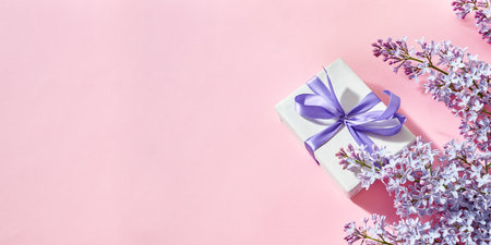 Lilac branches and gift box on a pink backgroundの写真素材