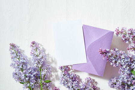 Mockup white greeting card and envelope with lilac branches on a white backgroundの写真素材