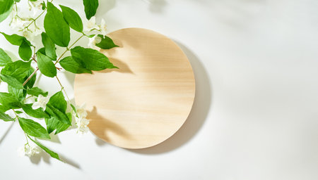 Flat lay wooden round podium on a white background with sunlight and shadows of jasmine leaf flowersの写真素材