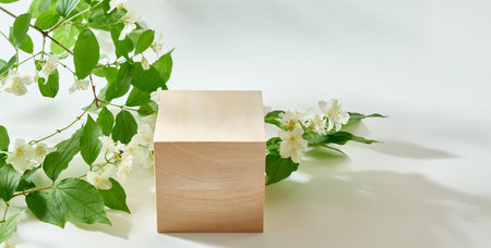 Wooden cube podium with sunlight and shadows of jasmine leaf flowersの写真素材