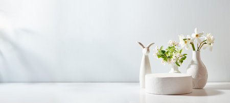 Empty round white podium for product presentation and spring flowers on a light background. Mockup concept with copy spaceの写真素材