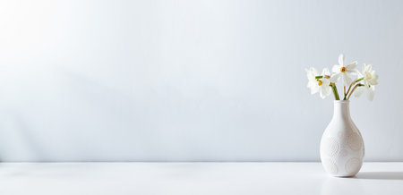 Bouquet of white daffodils in a vase on a white table. Mock up for display worksの写真素材