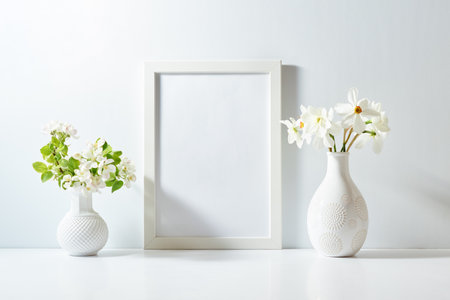 Mockup with a white frame and spring flowers in a vase on a white table. Empty poster frame mockup for presentation, design, letteringの写真素材