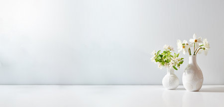 Bouquet of white daffodils in a vase on a white table. Mockup for display worksの写真素材