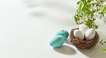 Holiday composition with spring flowers and easter eggs on a light background. Happy easter concept...