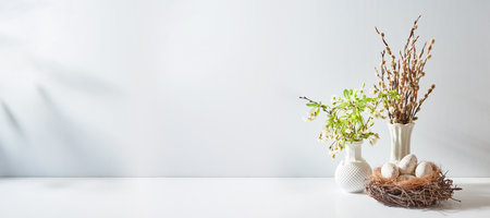 Spring flowers in a vase and easter bunny on a white table. Easter background with copy spaceの写真素材