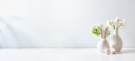 Bouquet of white daffodils in a vase, easter eggs on a white table. Mock up for display worksの写真素材