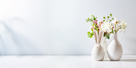 Bouquet of white daffodils in a vase, easter bunny on a white table. Mock up for display worksの写真素材