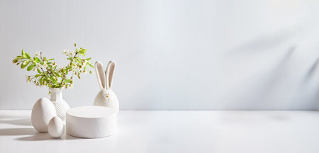 Empty round white podium for product presentation. Spring flowers in a vase and easter eggs on a light backgroundの写真素材