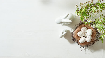 Holiday composition with spring flowers and easter eggs on a light background. Happy easter flat lay concept with copy spaceの写真素材