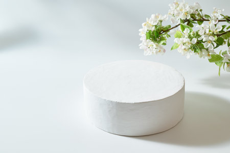 Empty round white podium for product presentation and spring flowers on a light background. Mockup concept with copy spaceの写真素材