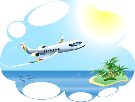 Airplane is flying to the island on vacationのイラスト素材