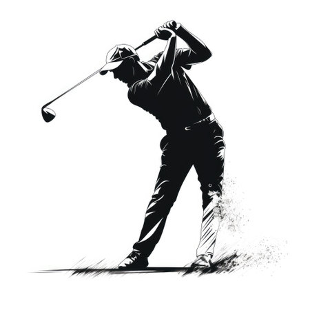 Silhouette of golf player hitting ball, black and white outline, AI generated Imageの素材