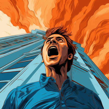 Illustration of a man screaming between buildings, AI generated Imageの素材